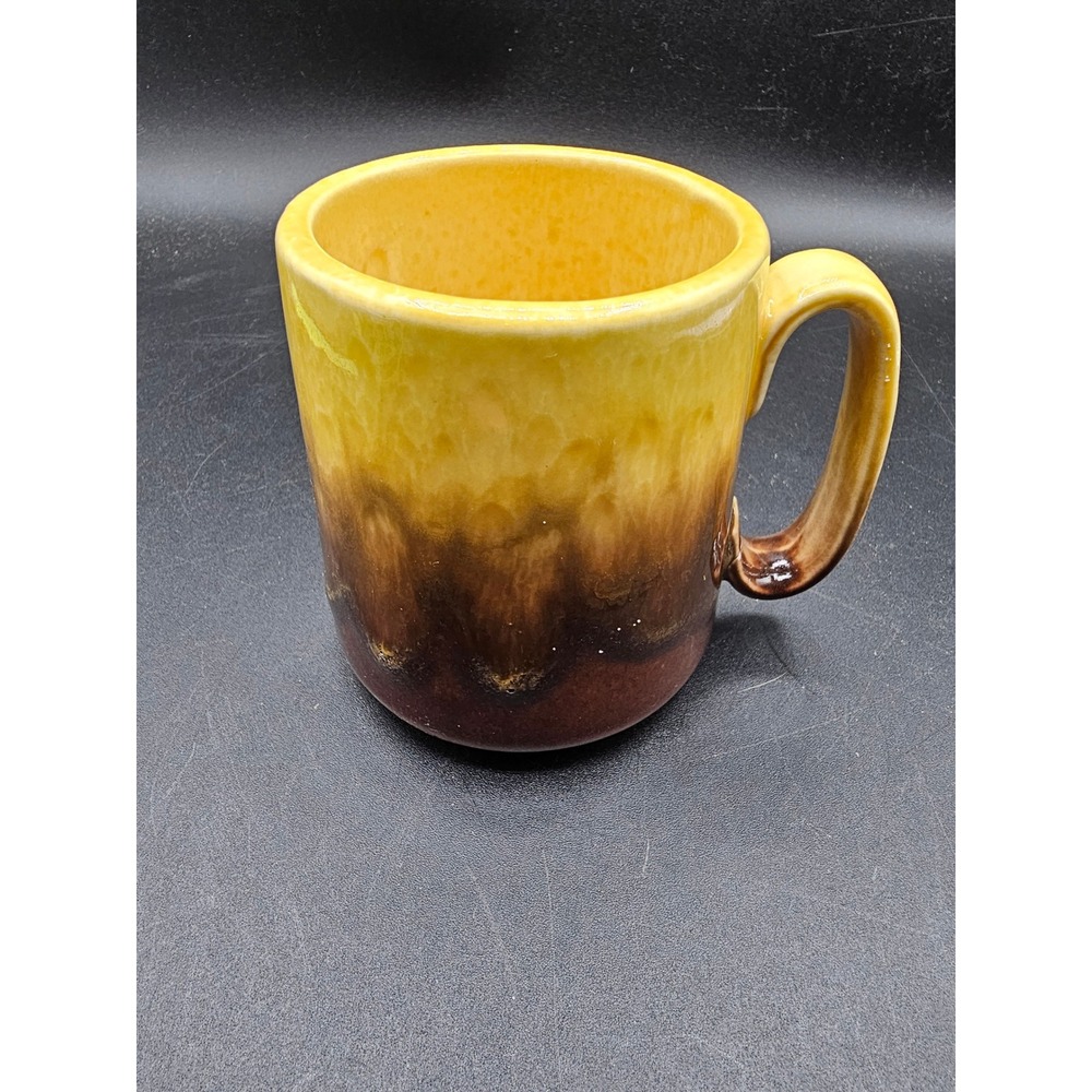 Hull Pottery USA No 33 Drip Glaze Coffee Mug Yellow Brown Vintage Mid Century